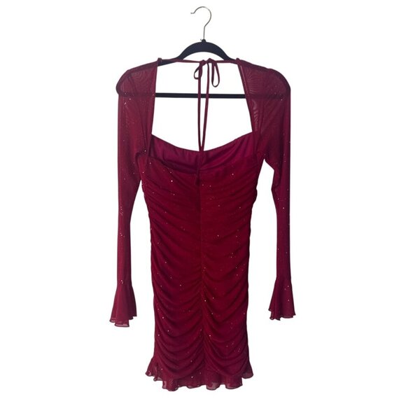 Red Ruched Long-Sleeve Sparkle Mini Dress With Bell Sleeves & Tie Back - Picture 2 of 5